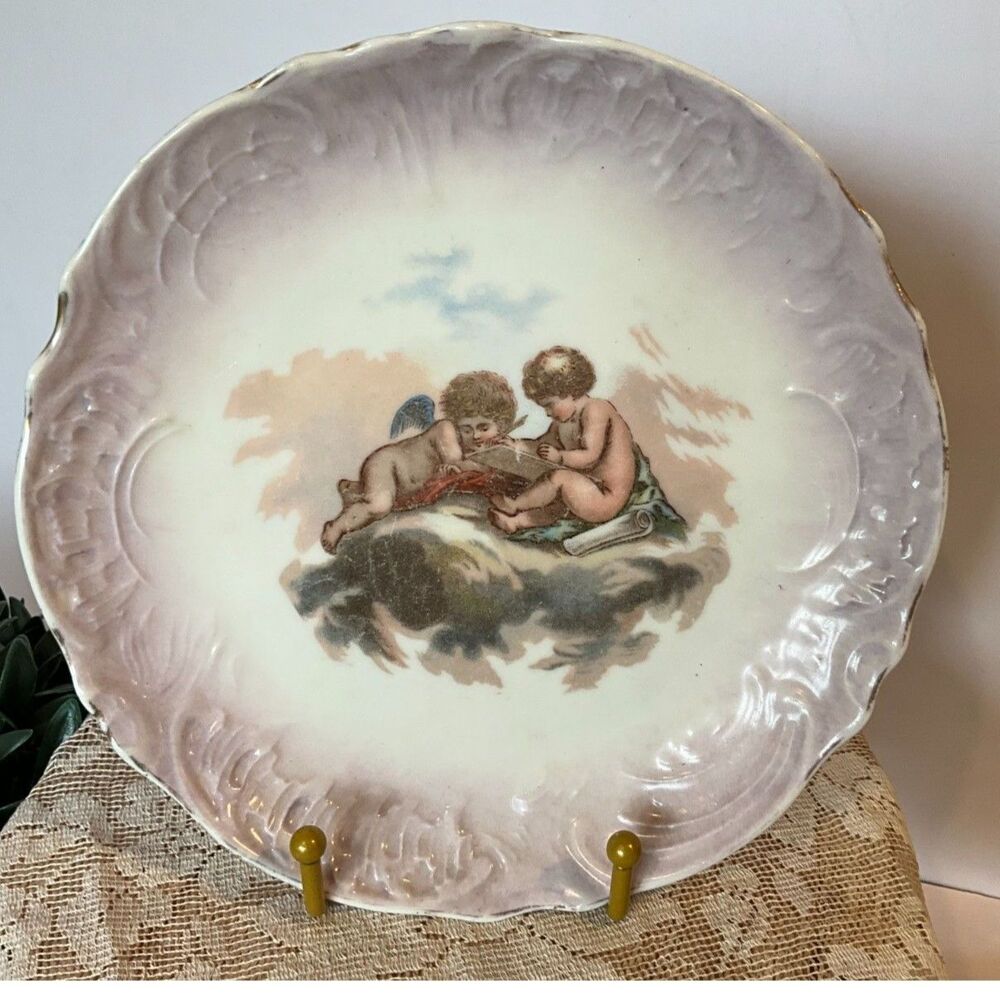 Porcelain Cherubs on a cloud Antique plate; Shabby Cottage decor